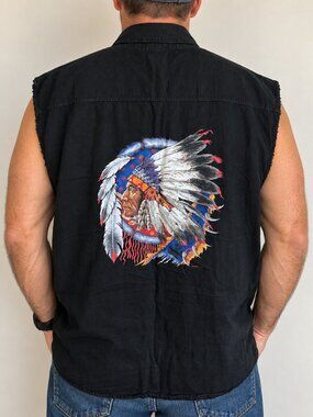 Men’s Bikerswear USA Black Cotton-Linen Shirt with Indian Motif Back – 2XL